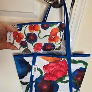 Clinique Blue Floral Tote with Red and Orange Accents and Matching Pouch
